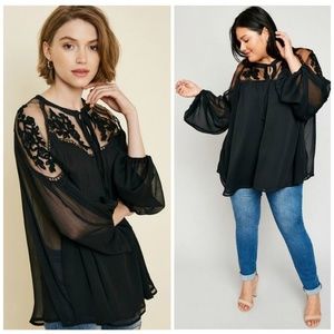 As You Wish Sheer Black Peasant Top